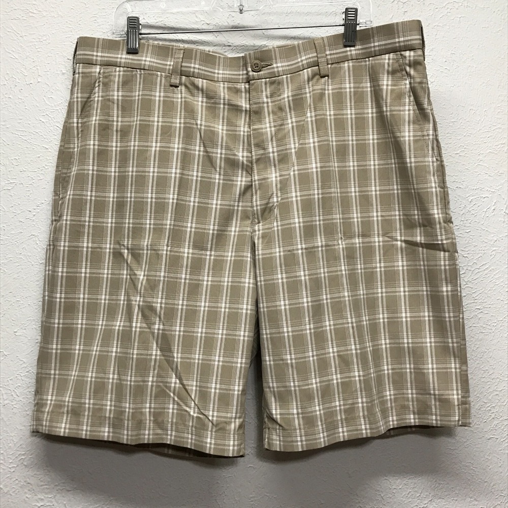 PGA Tour Golf Shorts Mens 38 Tan Plaid 9.5" Inseam Pockets Flat Front